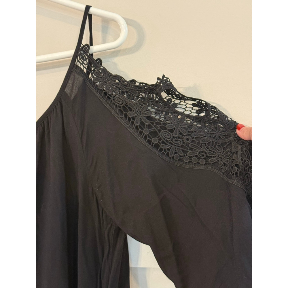 Black Lace Trim Dress Large Asymmetrical One Shoulder Flowy - Picture 7 of 7